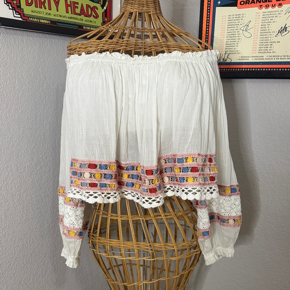 Free People White Boho Blouse with Multicolor Accents